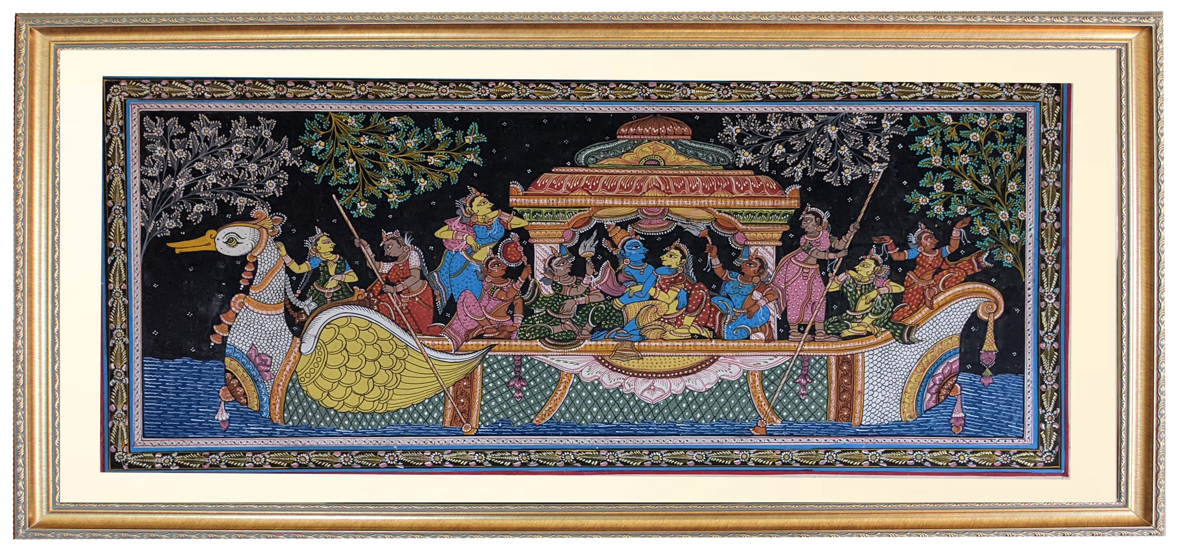 Radha Krsna on Swan Boat Hand Painting in Patachitra Style