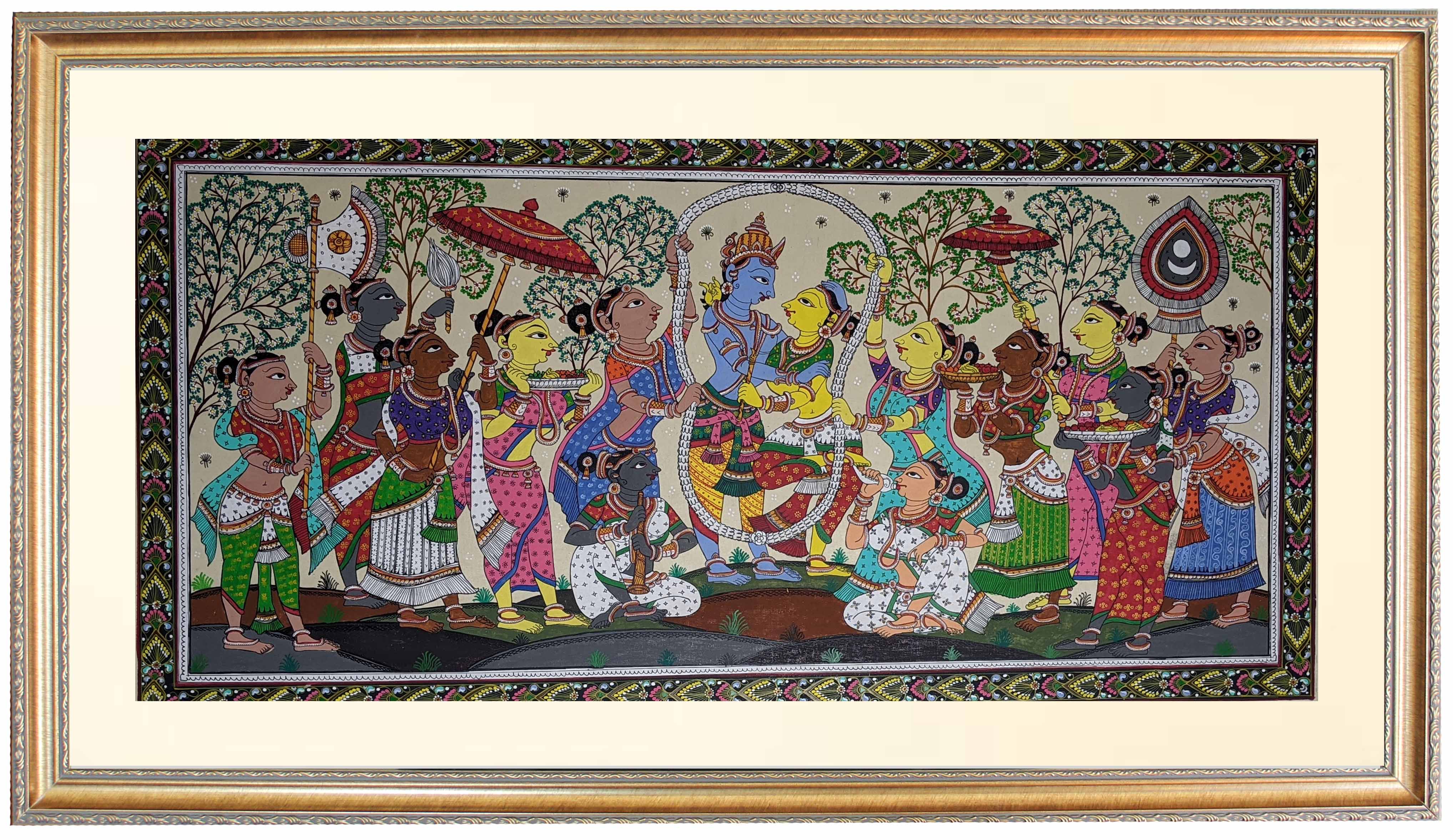 Radha Krsna in Garland Hand Painting in Patachitra Style