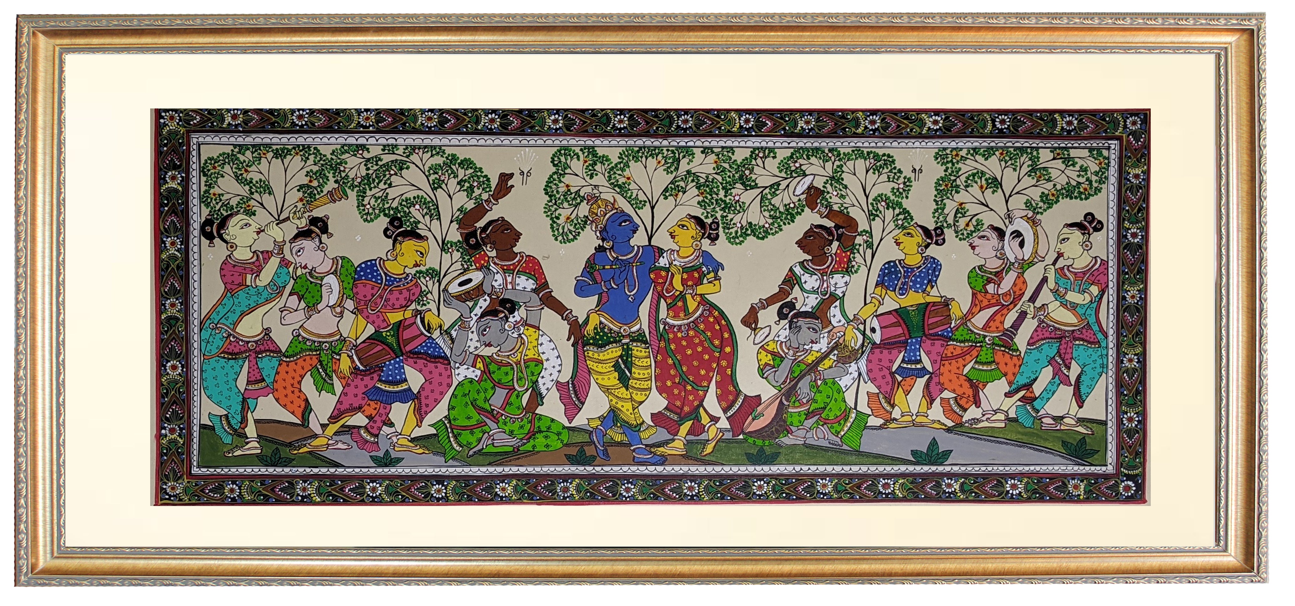 Radha Krsna under Tree Hand Painting in Patachitra Style