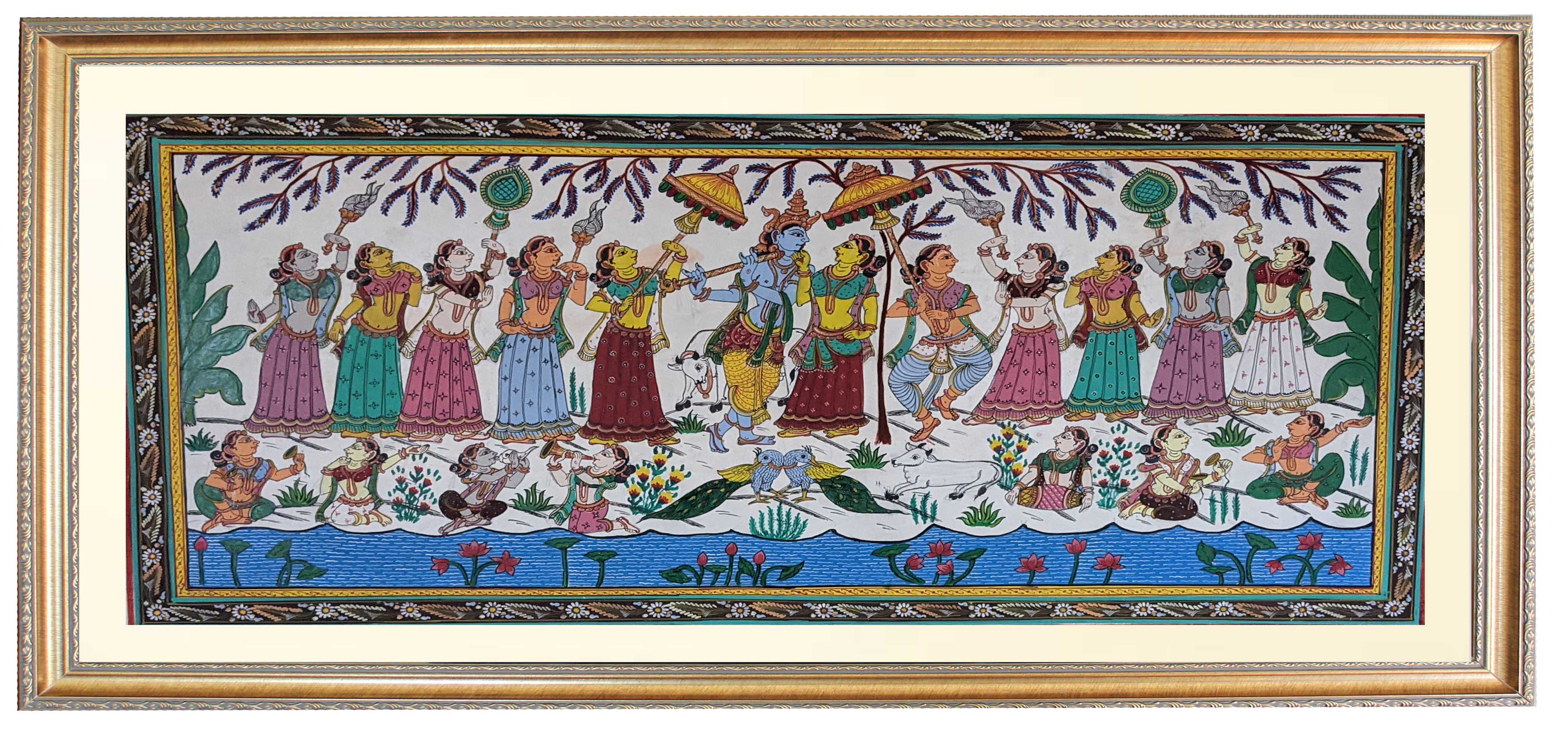 Radha Krsna under Umbrella Hand Painting in Patachitra Style