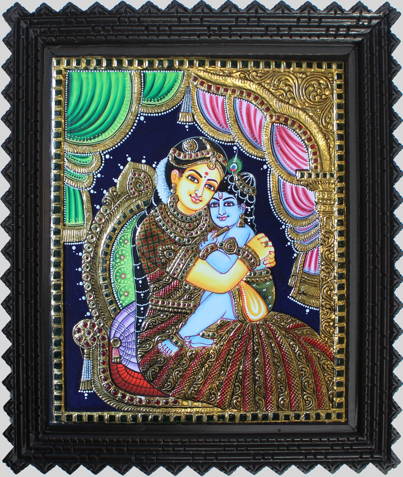 Yashoda Krsna (Krsna on mother yashoda lap) Tanjore Art in Wood Frame