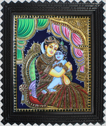 Yashoda Krsna (Krsna on mother yashoda lap) Tanjore Art in Wood Frame