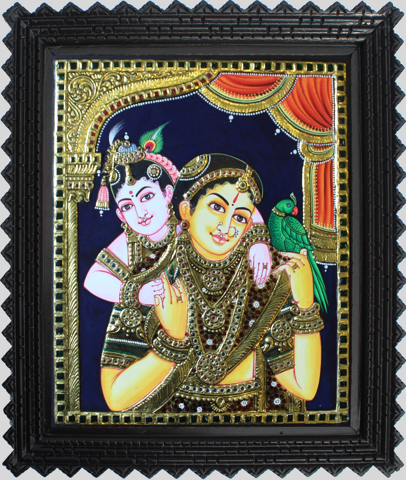 Yashoda Krsna (Krsna leaning onto mother yashoda) Tanjore Art in Wood Frame