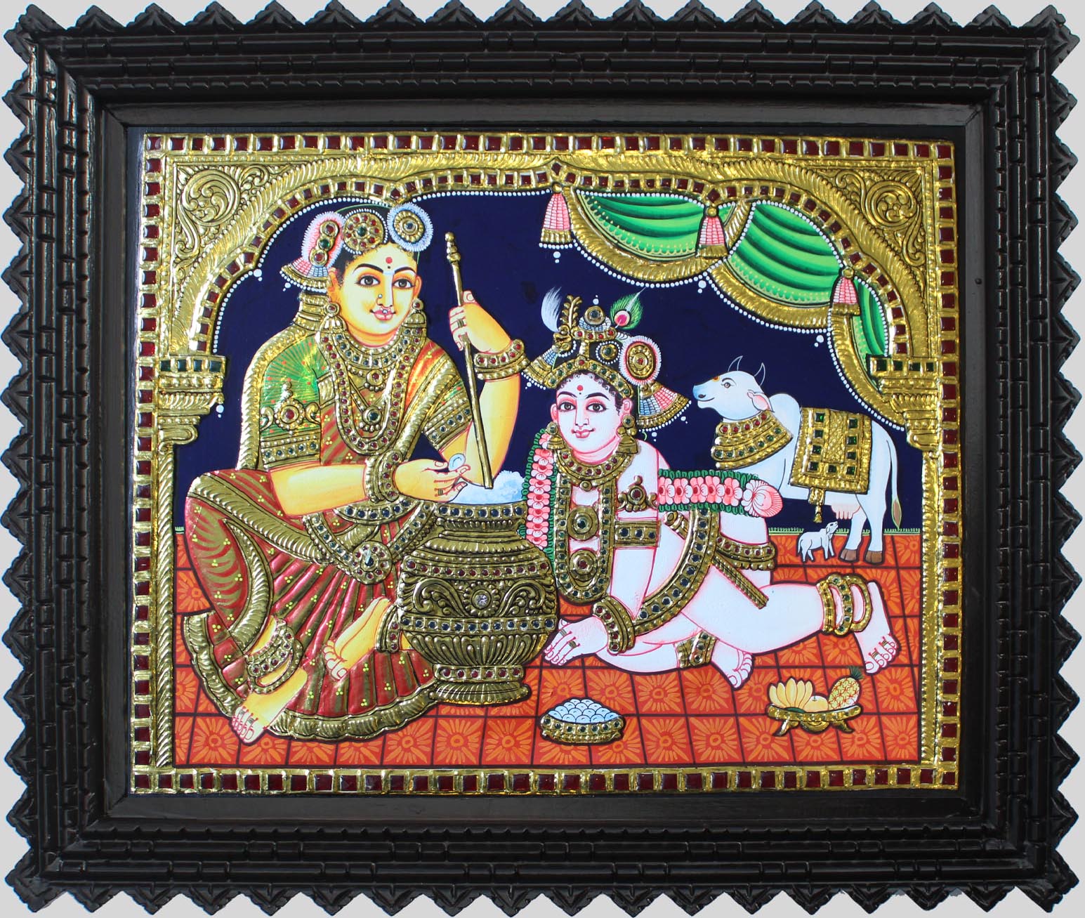 Yashoda Krsna (Krsna with Mother Yashoda churning butter) Tanjore Art in Wood Frame