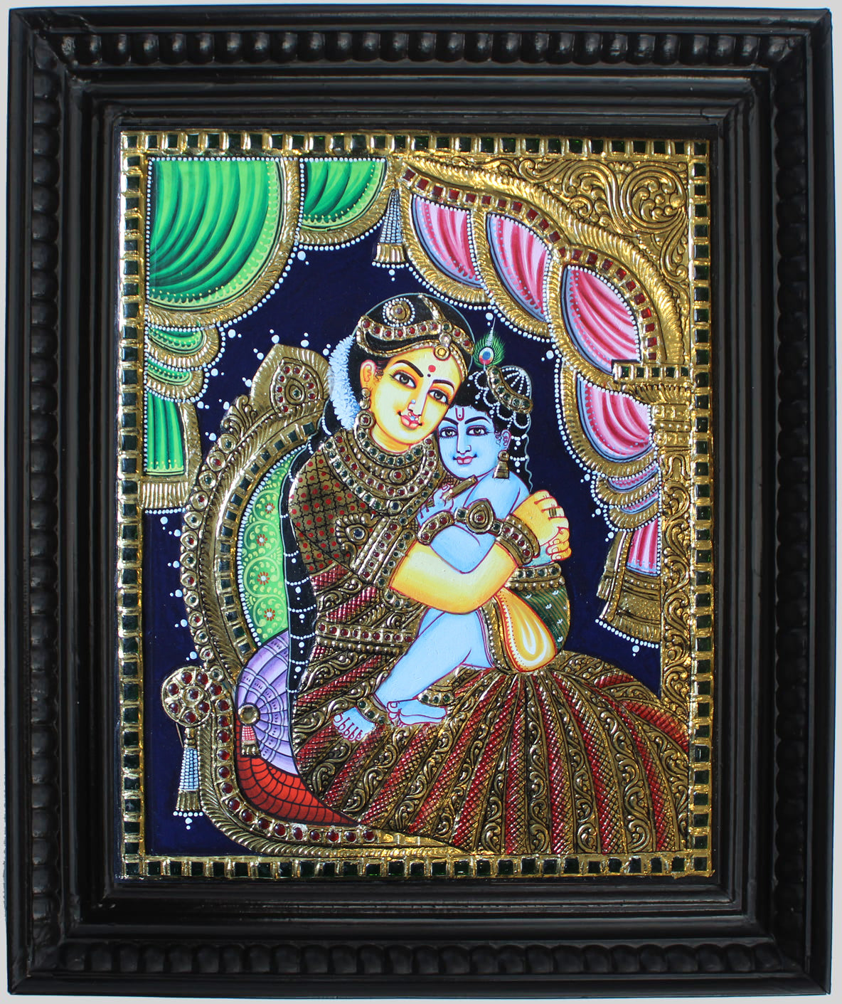 Yashoda Krsna (Krsna on mother yashoda lap) Tanjore Art in Wood Frame - 0