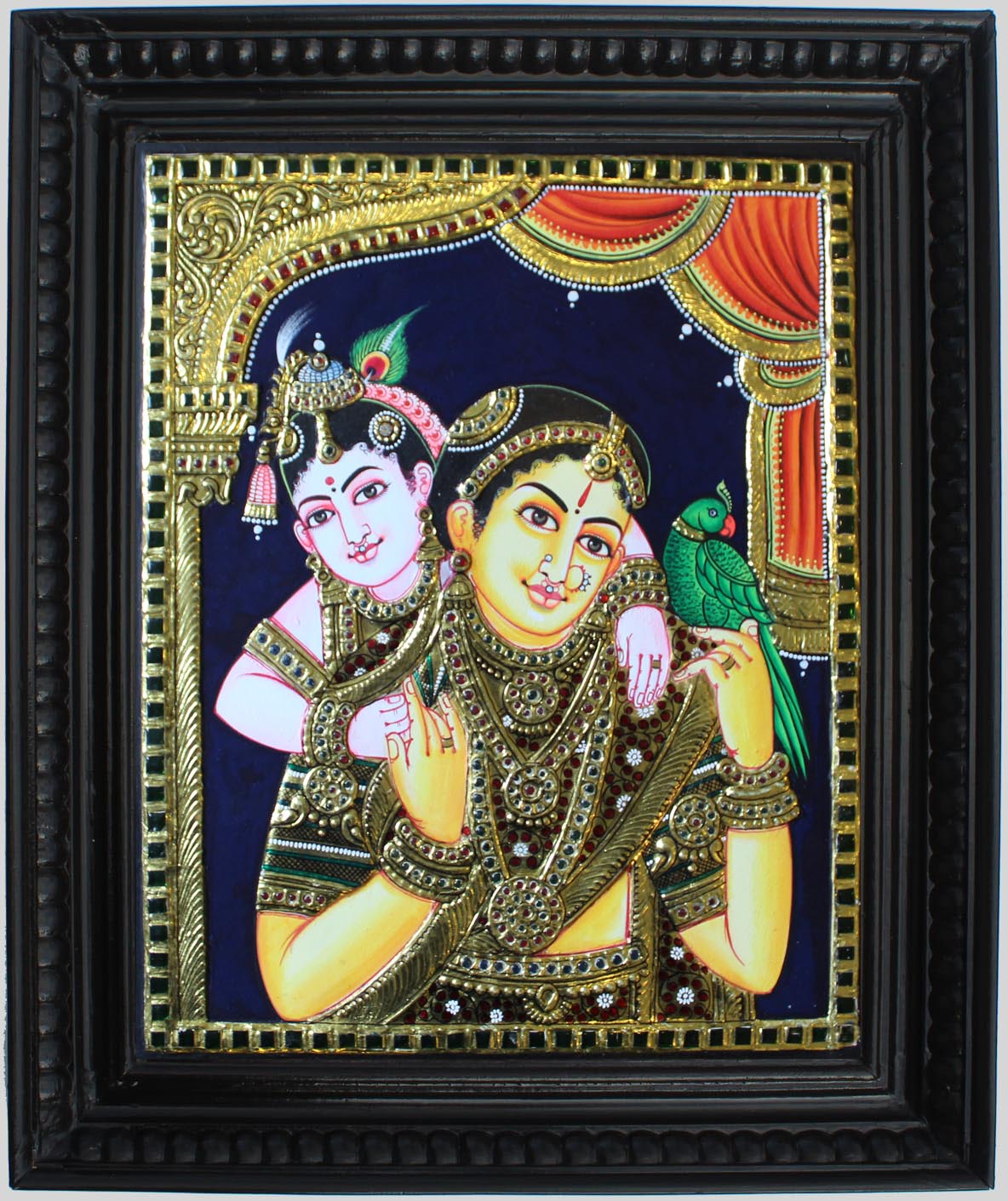 Yashoda Krsna (Krsna leaning onto mother yashoda) Tanjore Art in Wood Frame