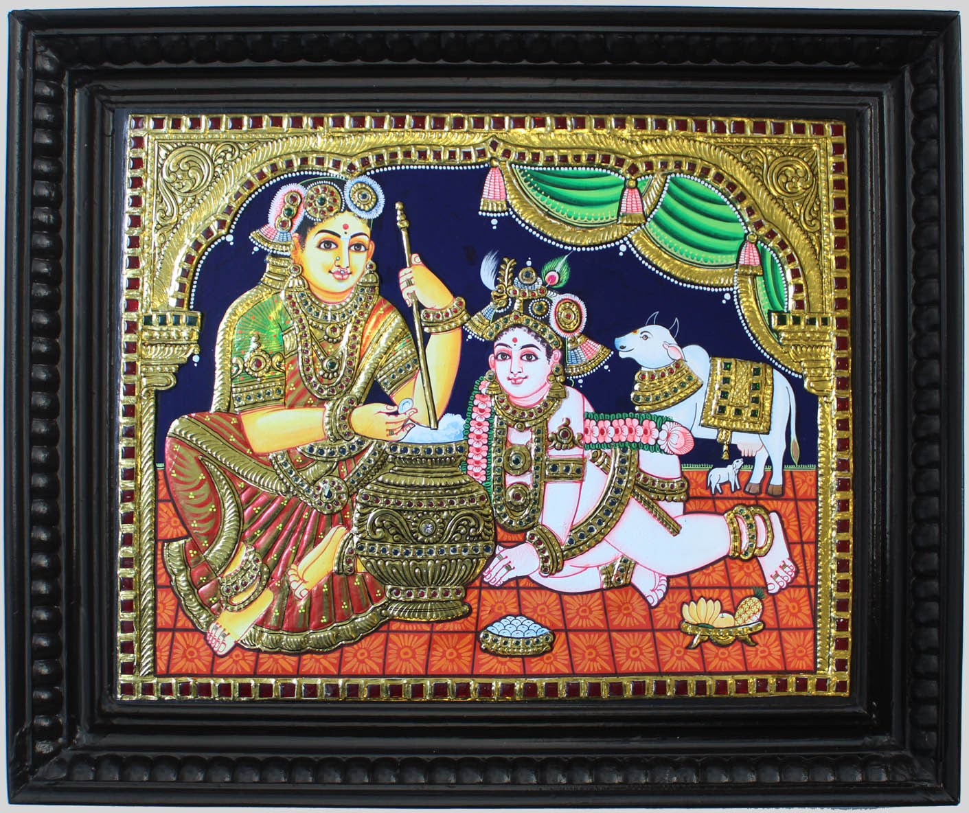 Yashoda Krsna (Krsna with Mother Yashoda churning butter) Tanjore Art in Wood Frame