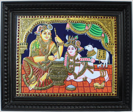 Yashoda Krsna (Krsna with Mother Yashoda churning butter) Tanjore Art in Wood Frame - 0